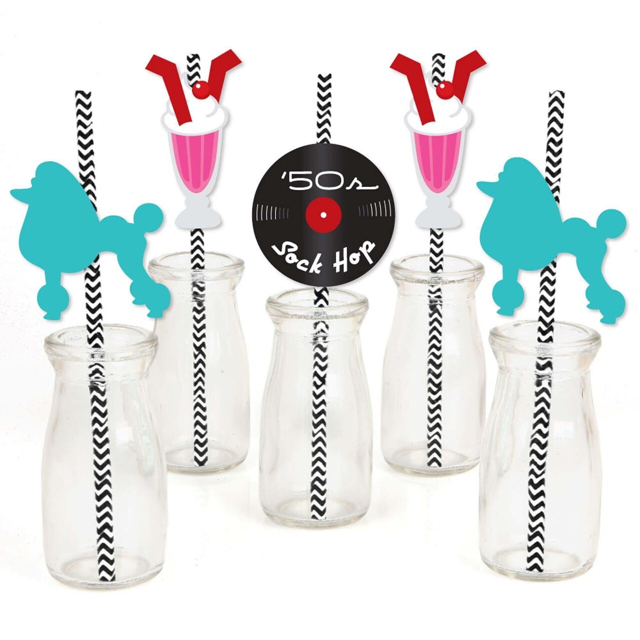 Big Dot of Happiness 50's Sock Hop - Paper Straw Decor - 1950s Rock N Roll Party Striped Decorative Straws - Set of 24